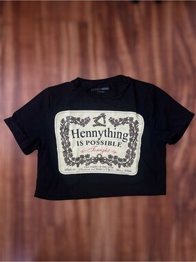 Fashion Nova Black Graphic Crop Tee with Cream Label Print